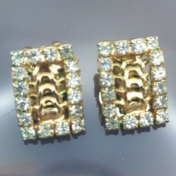 Vintage Hattie Carnegie Art Deco Goldtone Clip Earrings w/ Prong-Set Rhinestones - Picture 1 of 4
